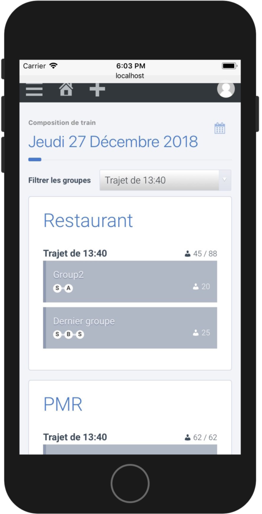 Vue opérateur permettant de visualiser le calendrier du jour, les différents trajets et la composition des wagons créée par l'outil React JS en back-office